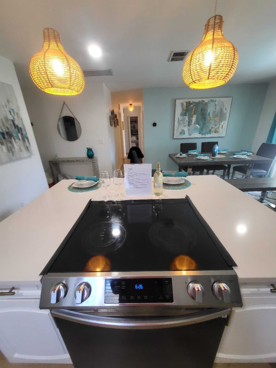 Kitchen island staged guest-ready after a short-term rental turnover