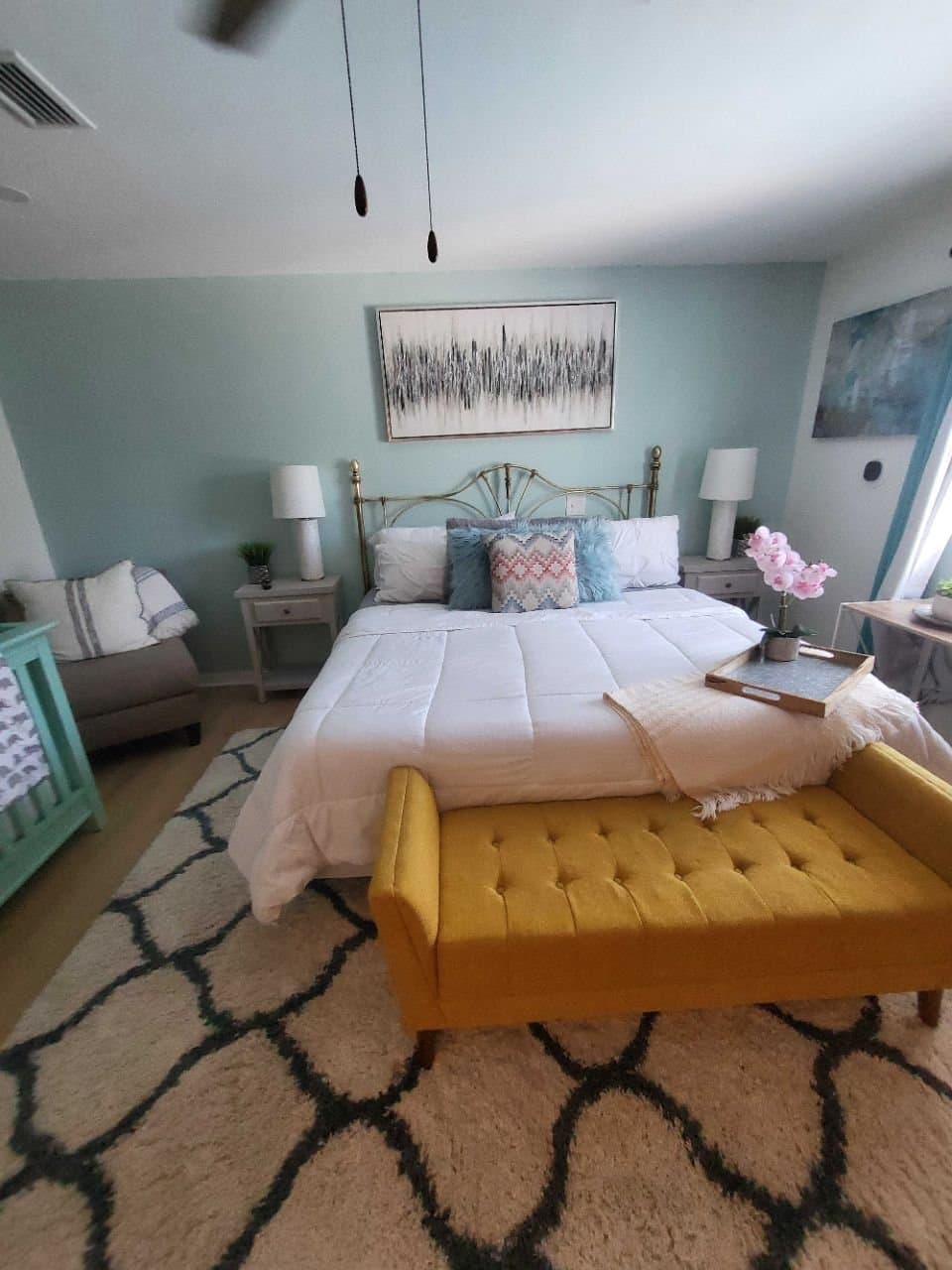 Guest-ready bedroom after a short-term rental turnover