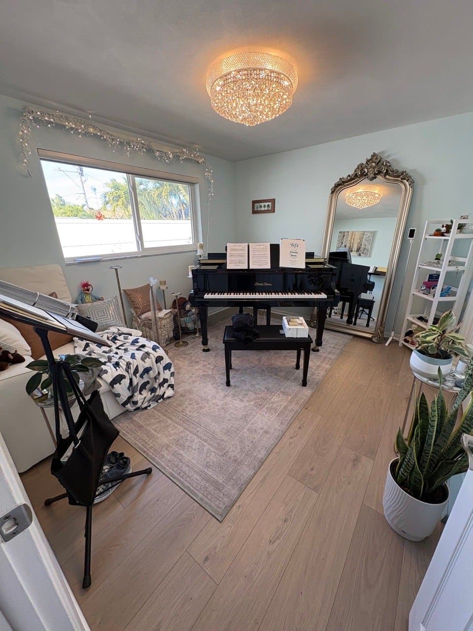 Living room with grand piano after a standard clean